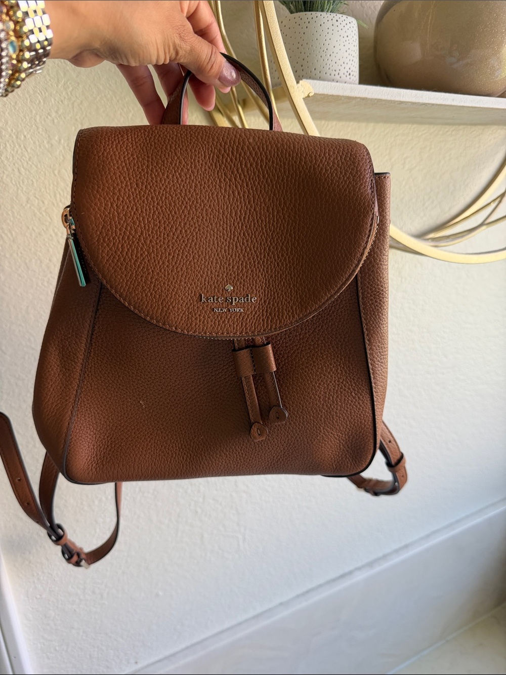 kate spade Brown Pebbled Leather Drawstring Backpack